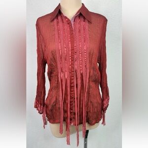 Vintage Romantic Gothic Y2K Grunge Red Ribbon Lace Distress Crinkle Blouse M